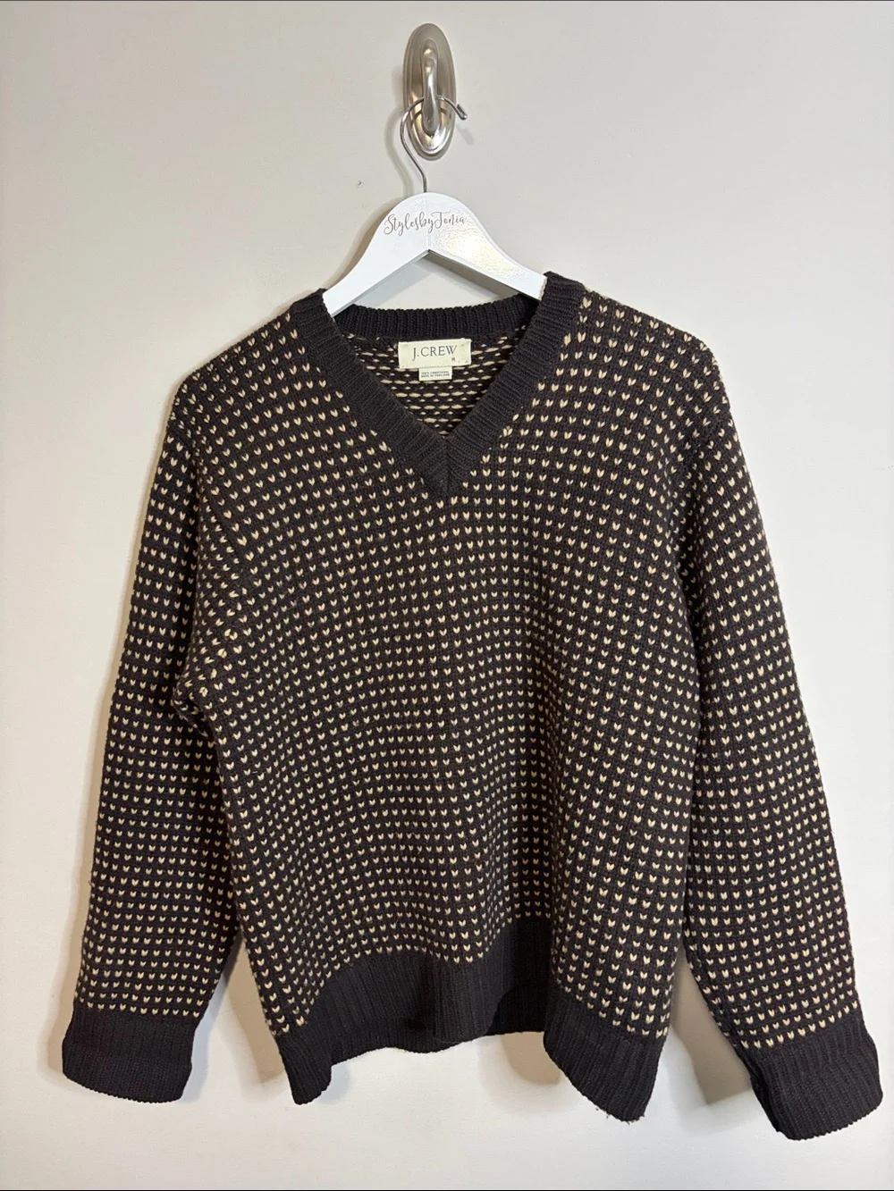 J Crew V neck sweater lambswool birdseye pattern brown tan mens vintage sz M